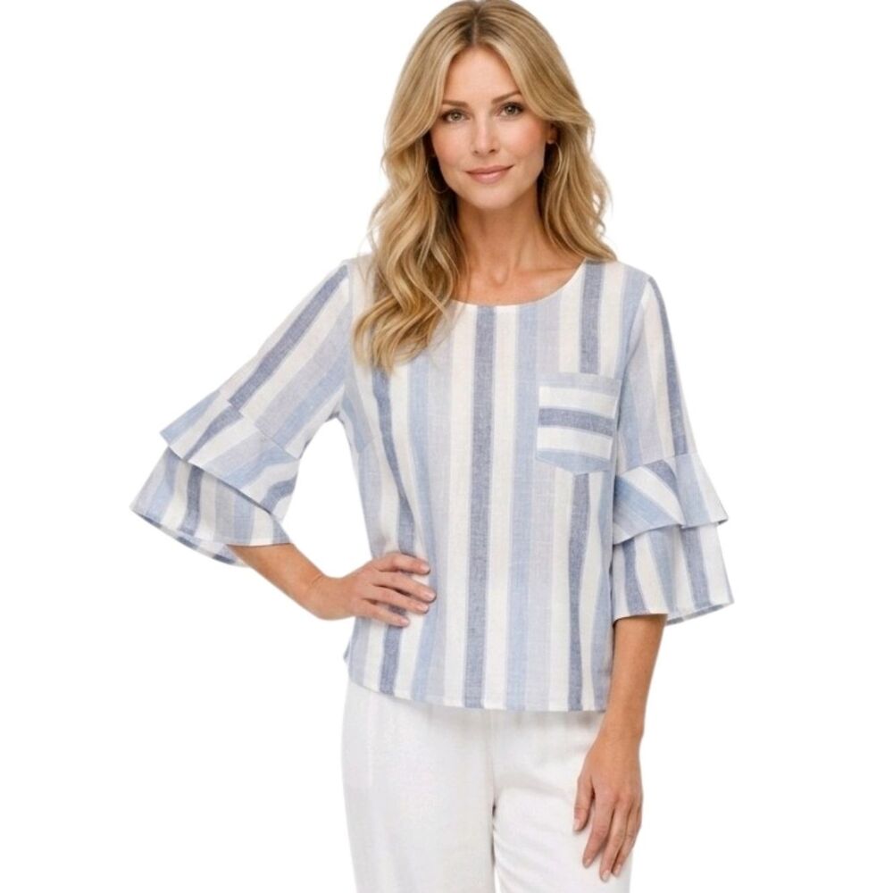 Urban Romantics Blue Striped Linen/Cotton Tiered Sleeve Keyhole Cropped Blouse M